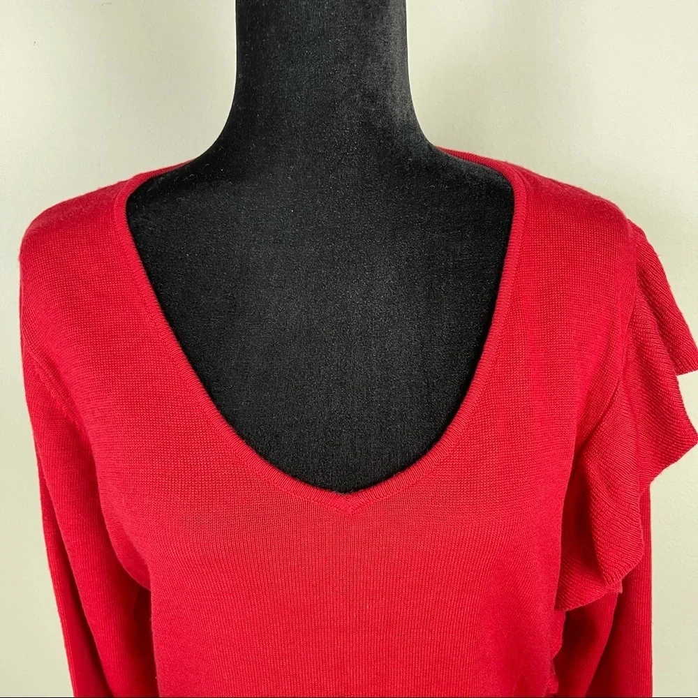 NWT Aqua Ruffled Knit Long Sleeve V-Neck Sweater - Picture 5 of 13